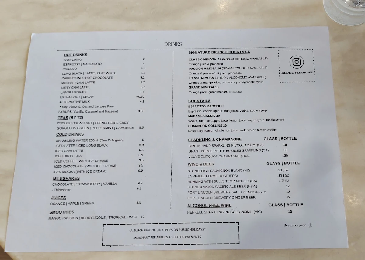 Menu, L'Anse French Café & Croissanterie