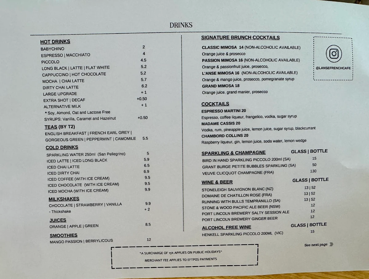 Menu, L'Anse French Café & Croissanterie