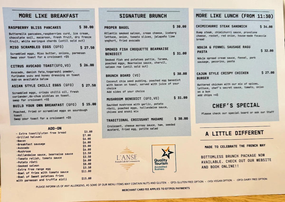 Menu, L'Anse French Café & Croissanterie