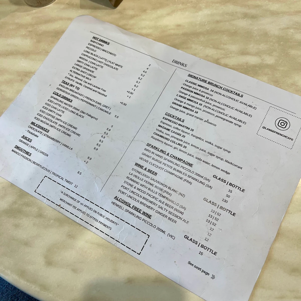 Menu, L'Anse French Café & Croissanterie