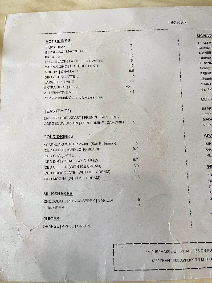 Menu, L'Anse French Café & Croissanterie