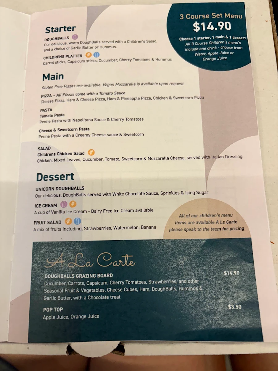 Menu, DoughBalls Pizza, Rundle Place
