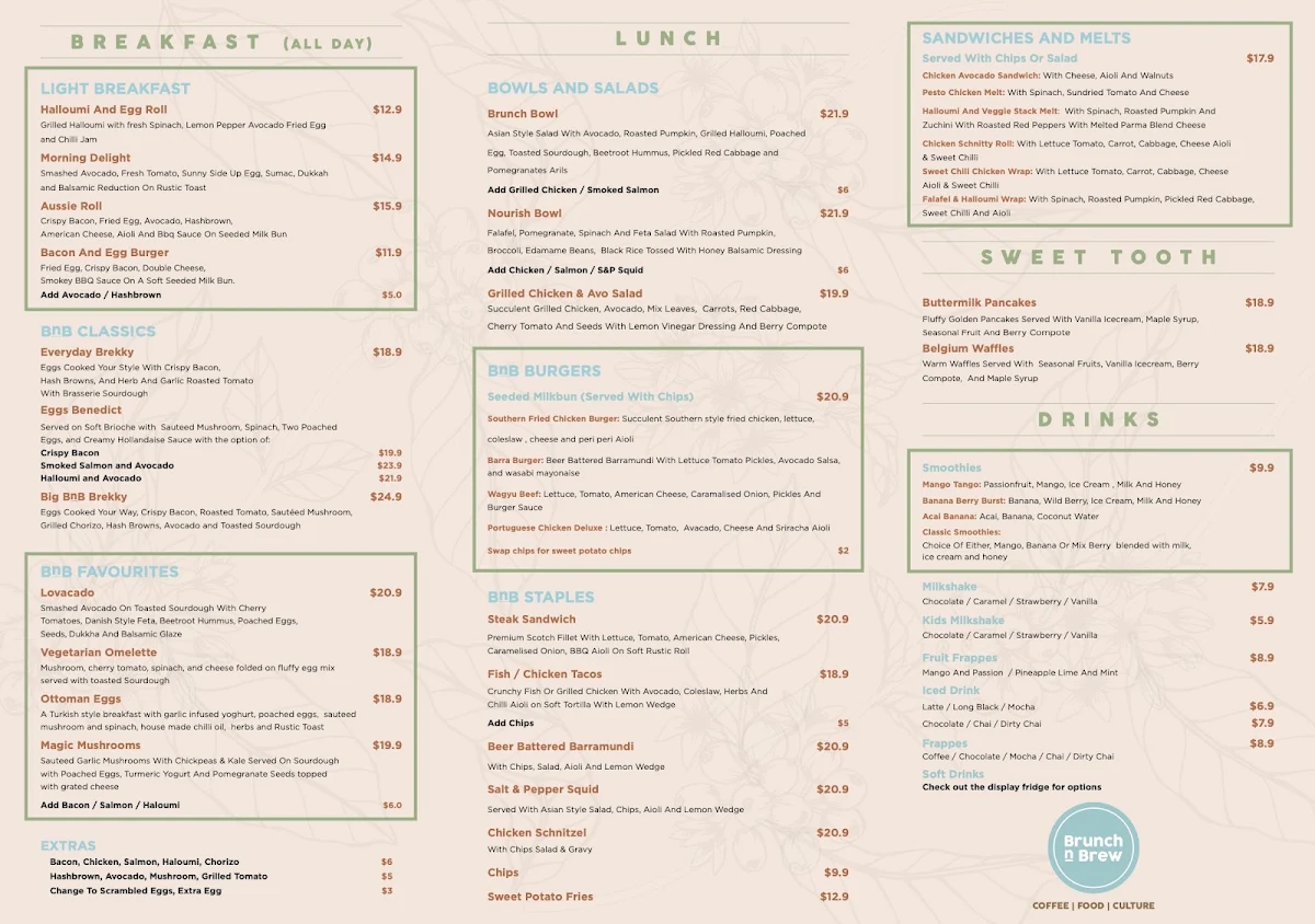 Menu, Brunch N Brew The Entrance