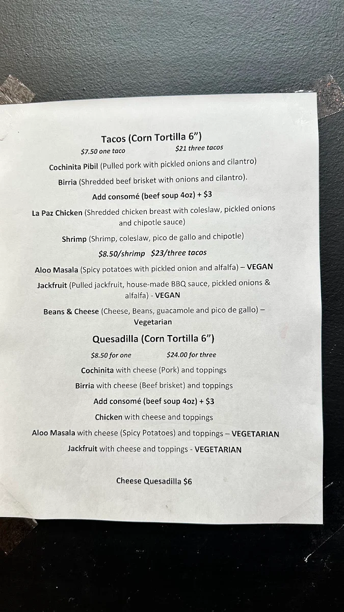 Menu, Las Chulas Tobermory