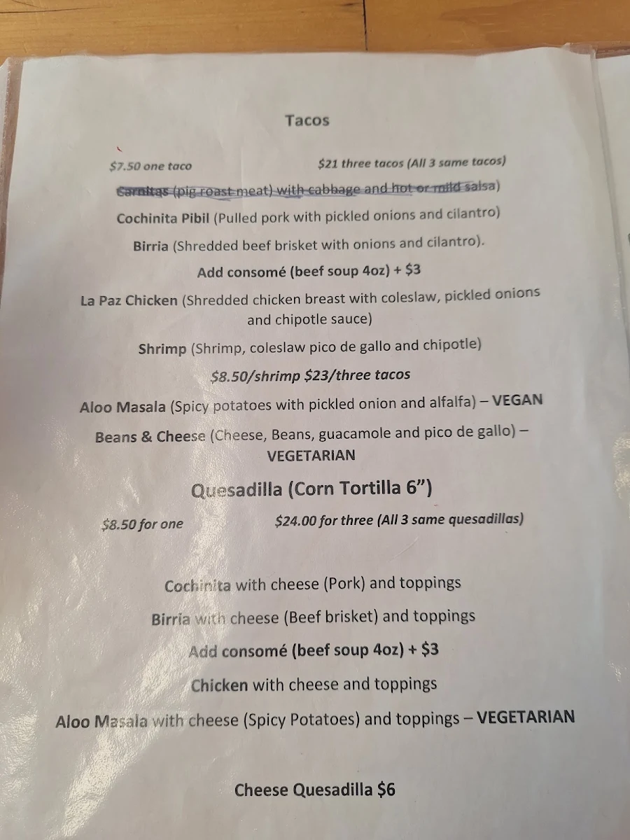 Menu, Las Chulas Tobermory