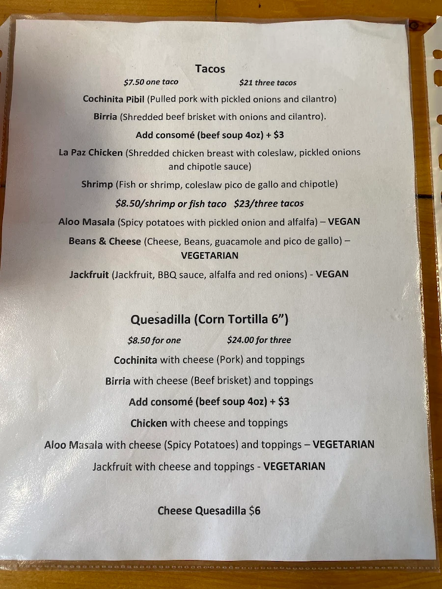 Menu, Las Chulas Tobermory
