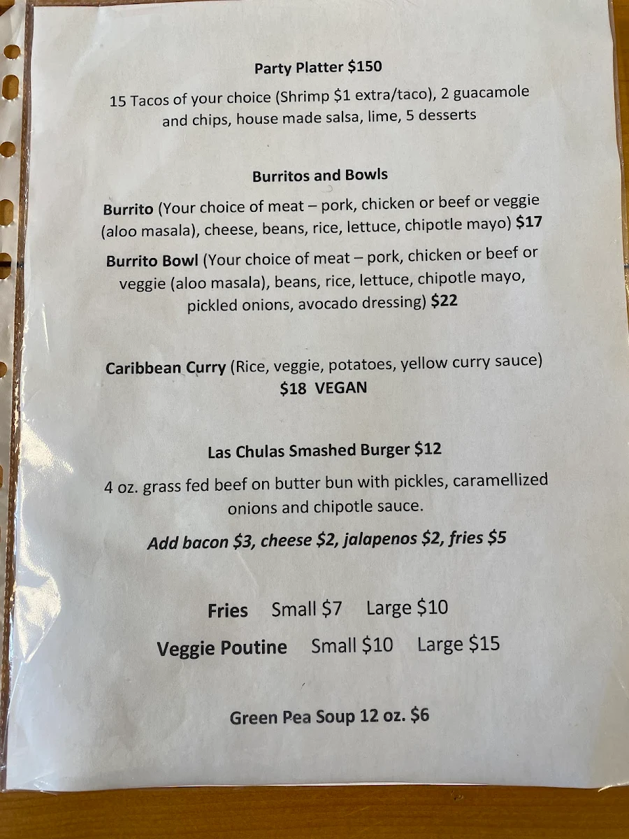 Menu, Las Chulas Tobermory