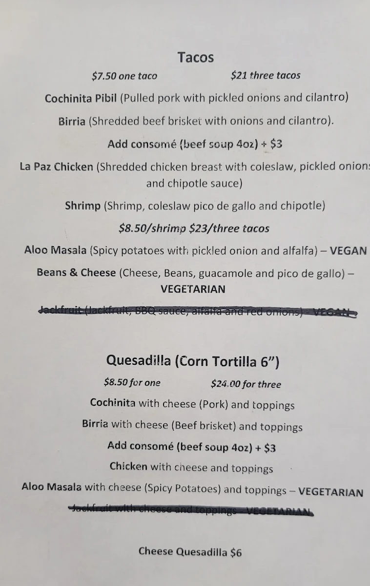 Menu, Las Chulas Tobermory