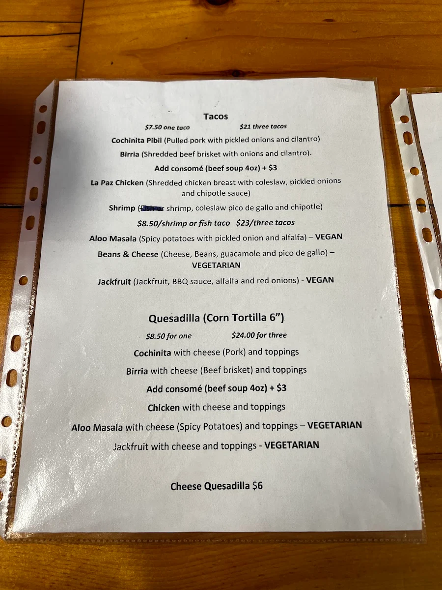 Menu, Las Chulas Tobermory