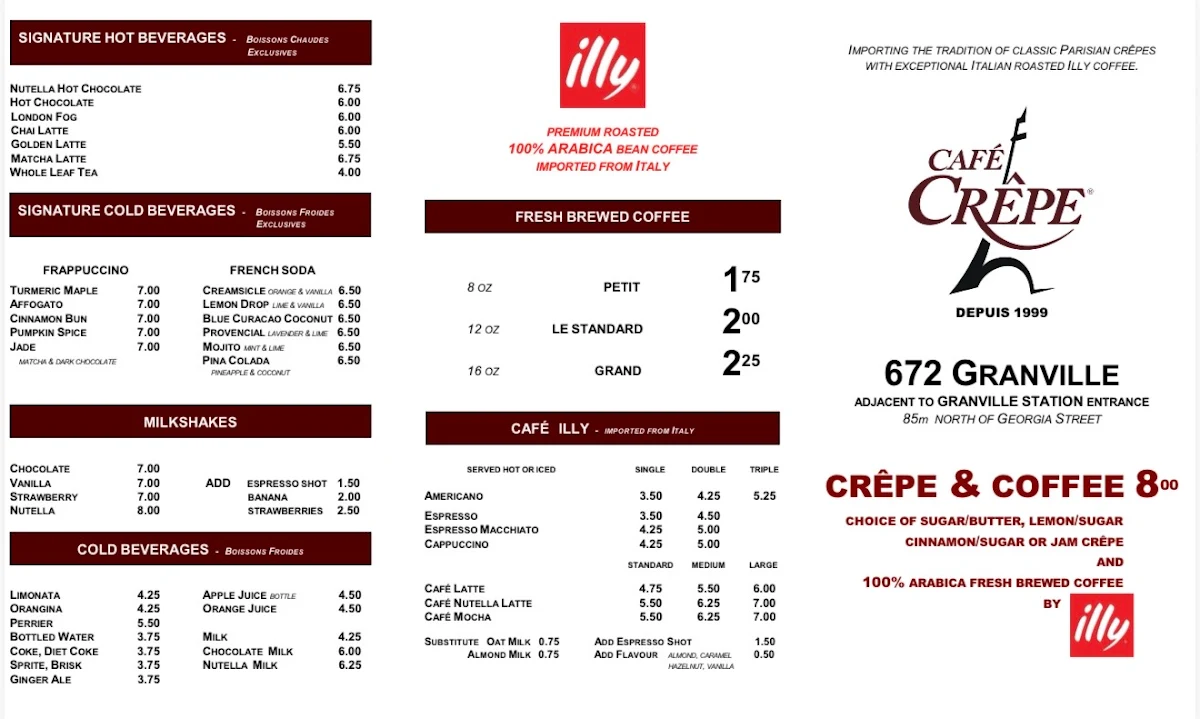 Menu, Café Crêpe Express