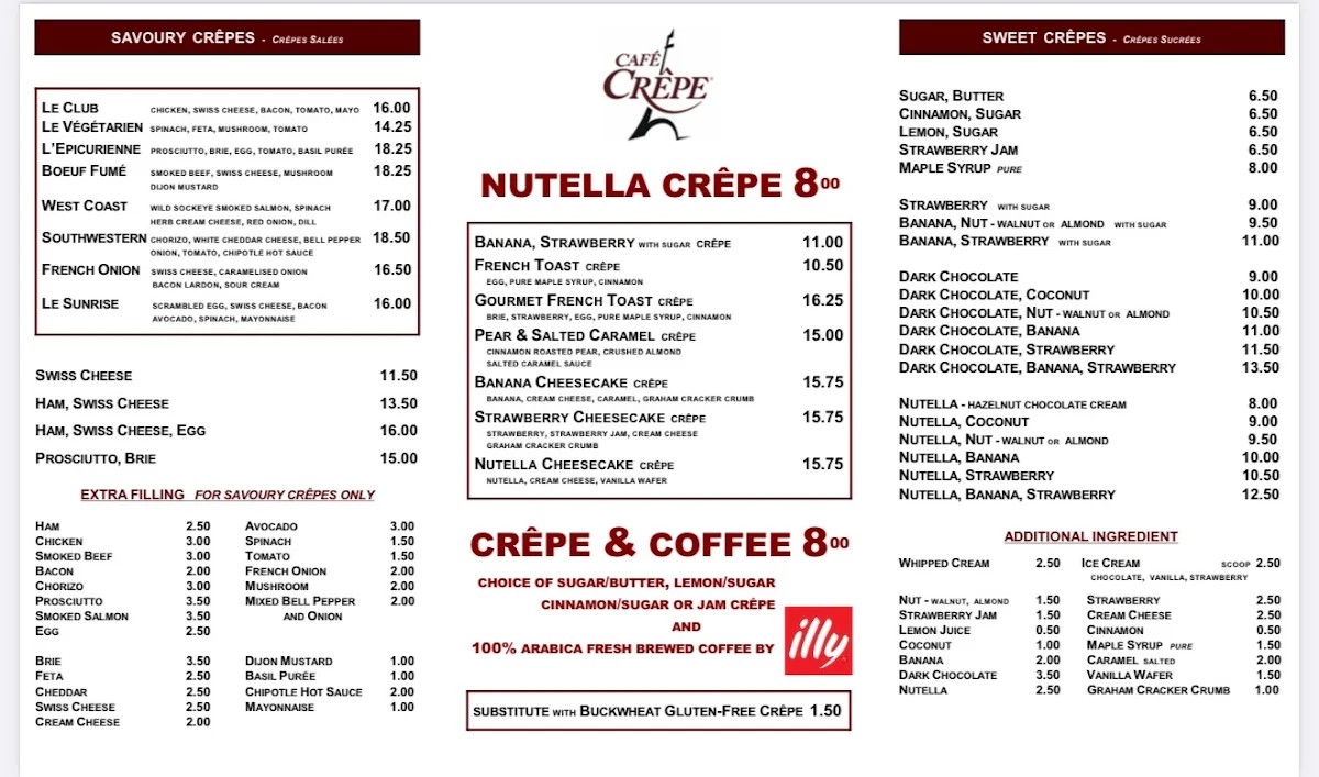 Menu, Café Crêpe Express