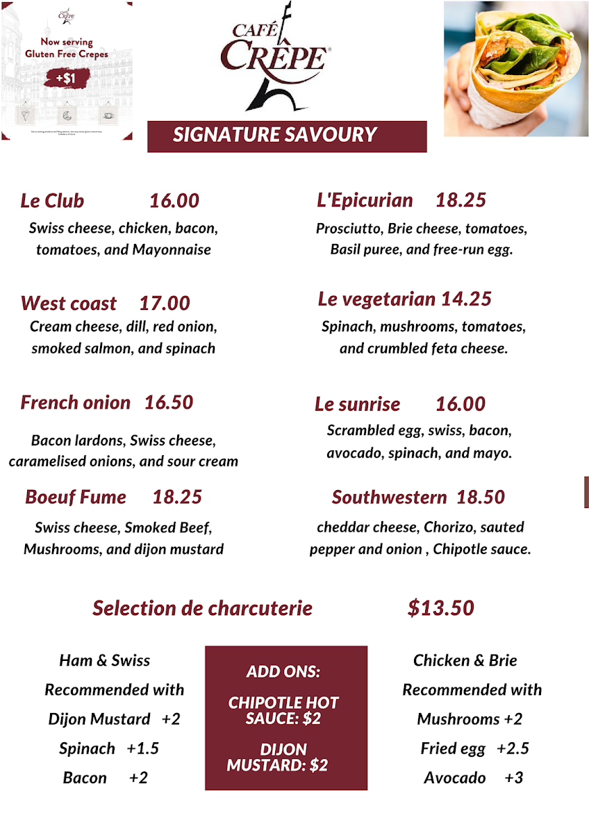 Menu, Café Crêpe Express
