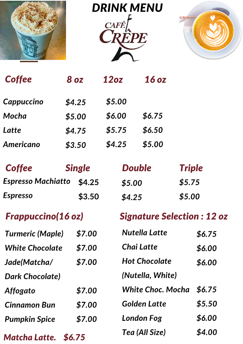 Menu, Café Crêpe Express