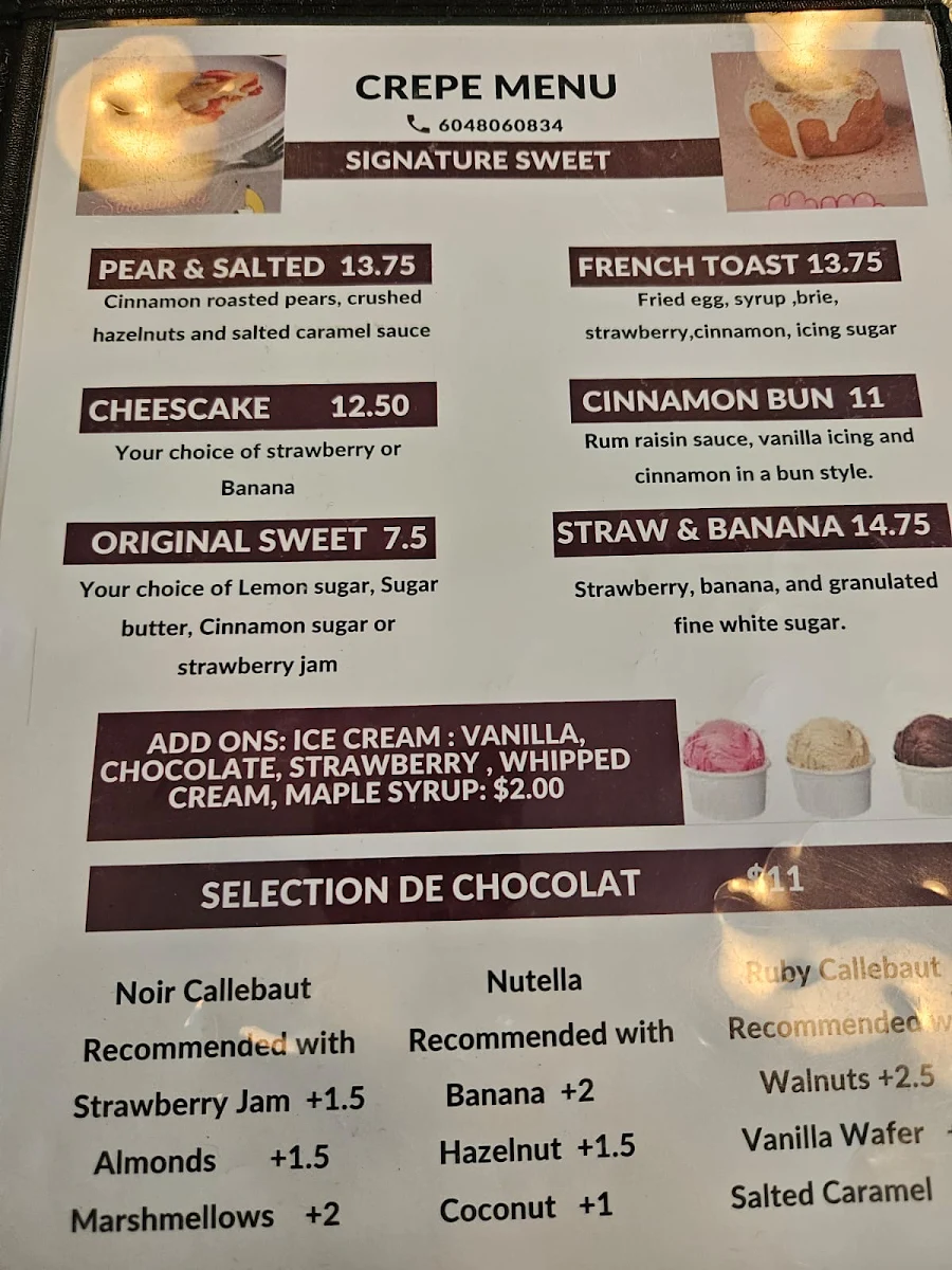 Menu, Café Crêpe Express