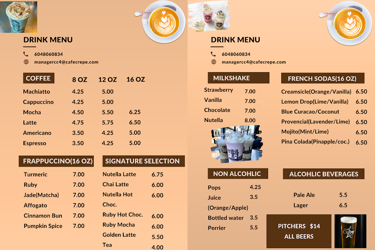 Menu, Café Crêpe Express