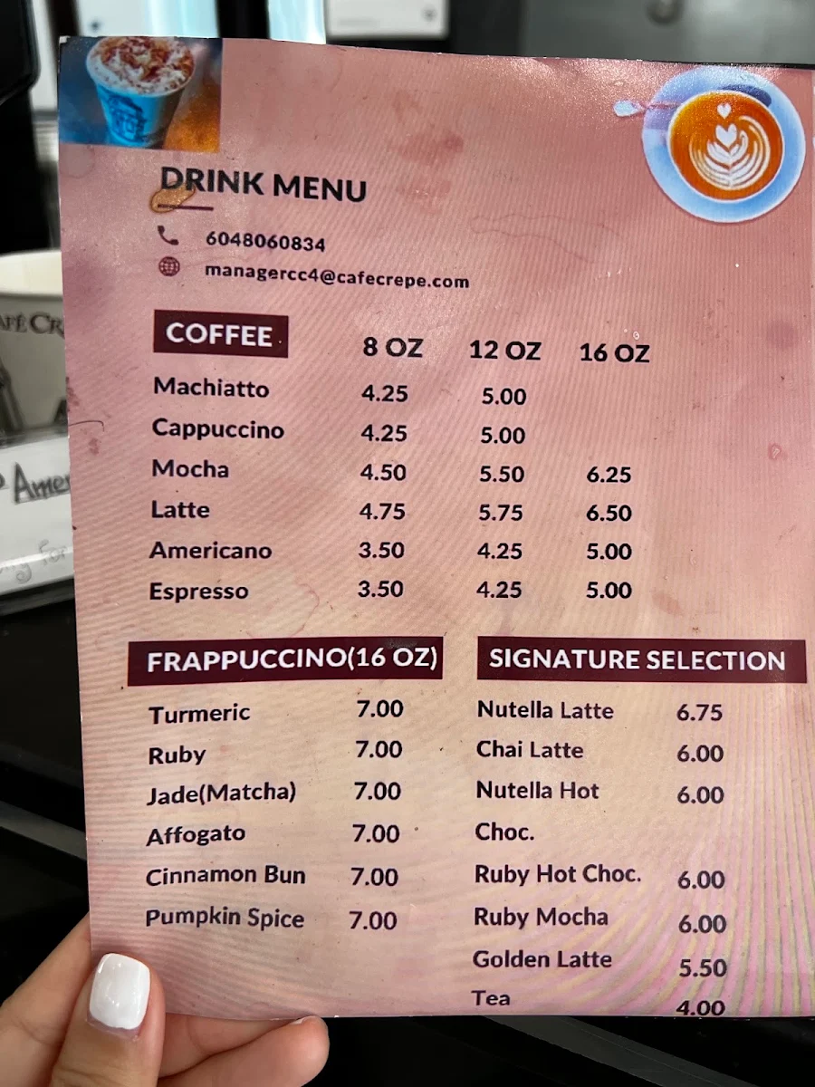 Menu, Café Crêpe Express