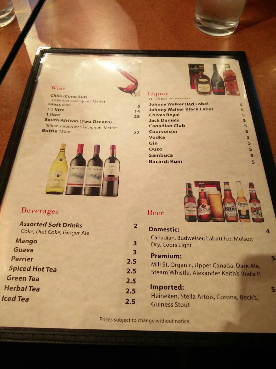 Menu, African Palace