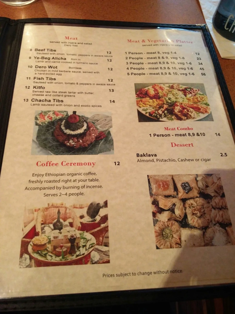 Menu, African Palace
