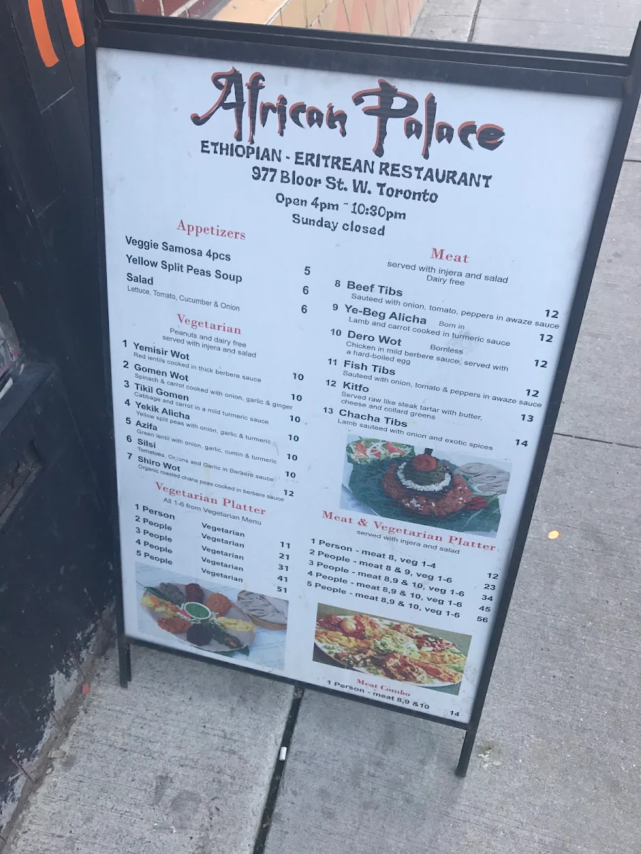 Menu, African Palace