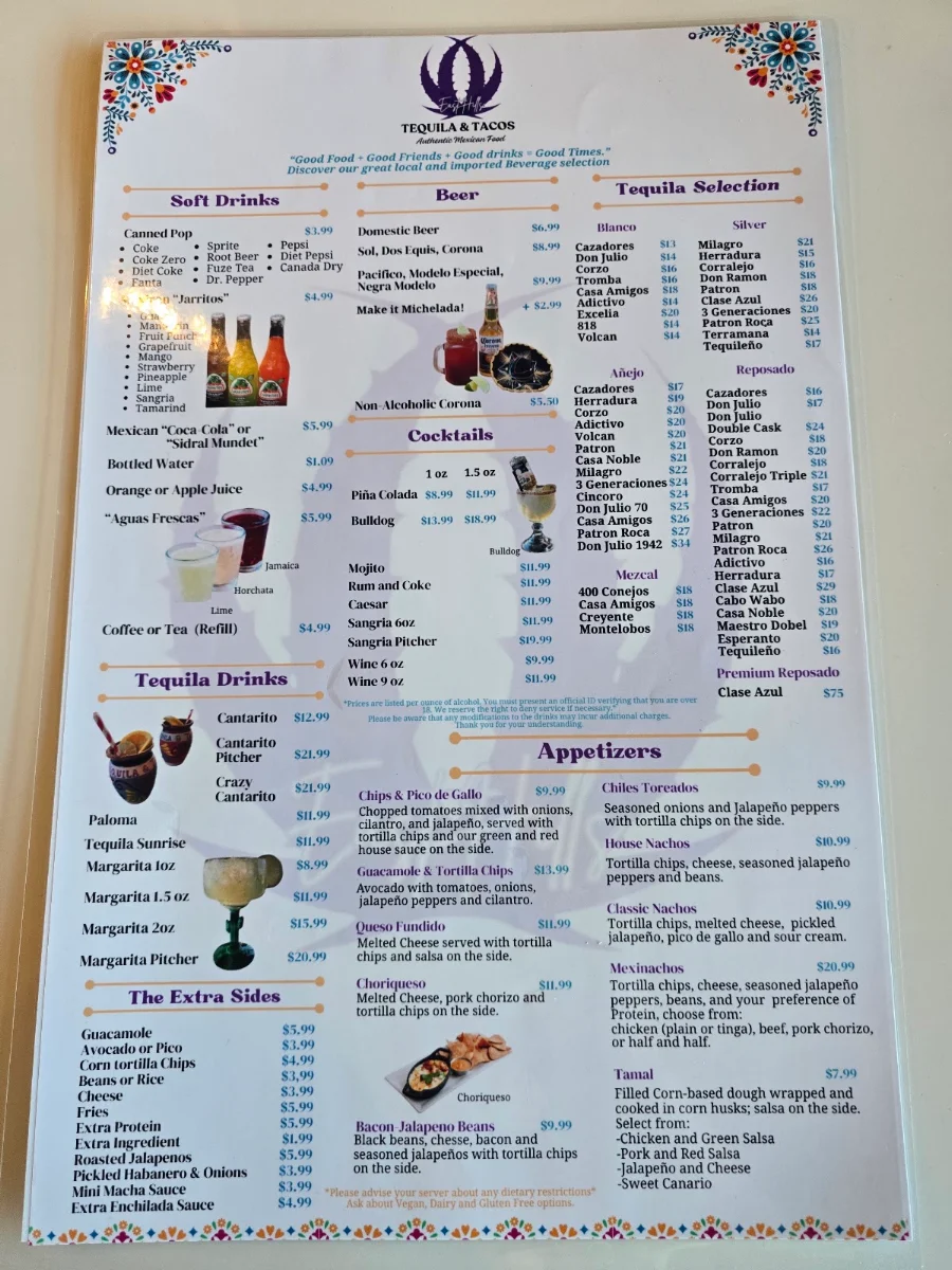 Menu, Tequila & Tacos