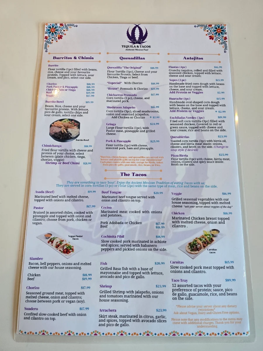 Menu, Tequila & Tacos