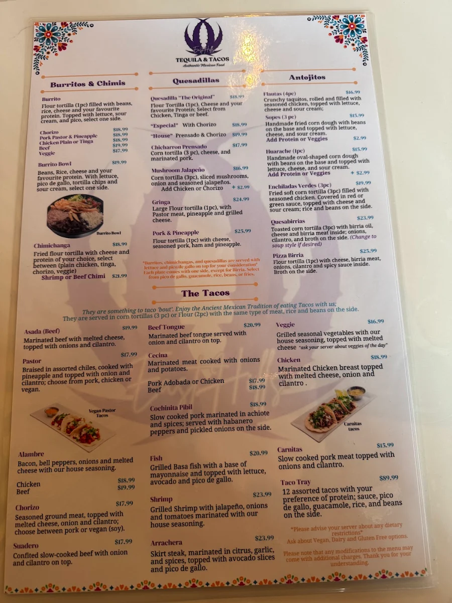 Menu, Tequila & Tacos