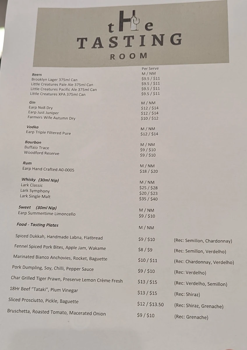 Menu, The Tasting Room Kahibah
