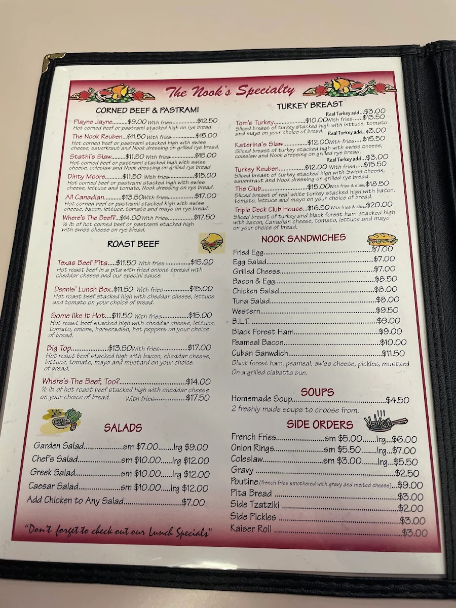 Menu, The Sandwich Nook Restaurant