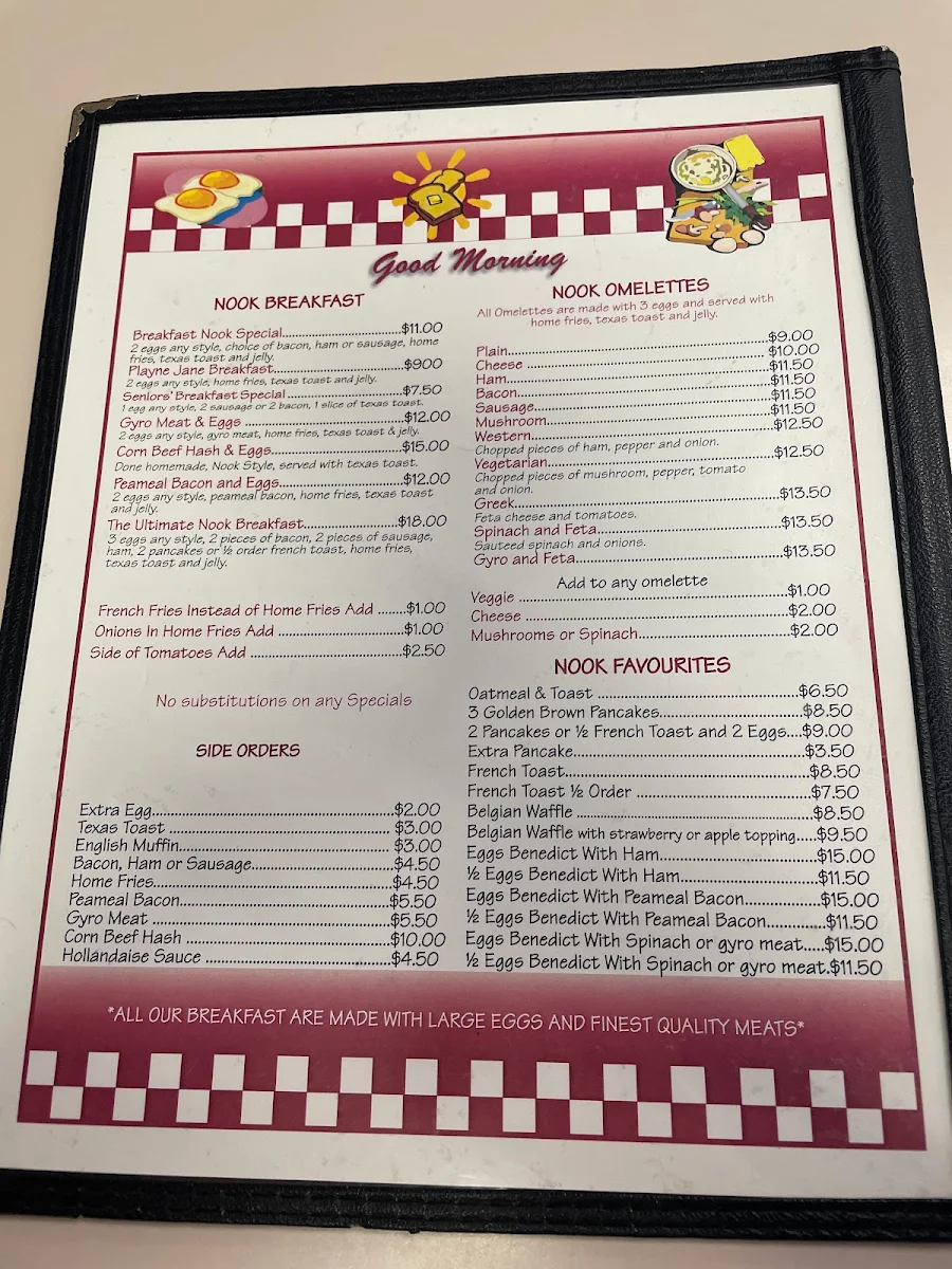 Menu, The Sandwich Nook Restaurant