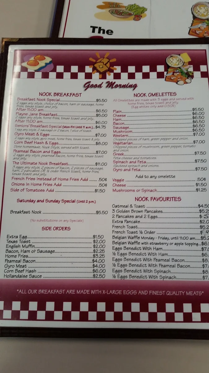 Menu, The Sandwich Nook Restaurant