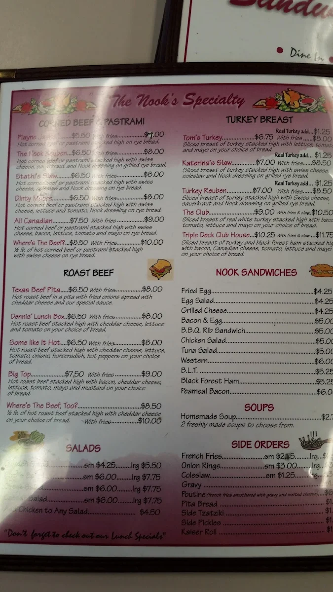 Menu, The Sandwich Nook Restaurant