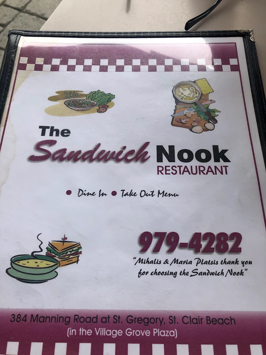 Menu, The Sandwich Nook Restaurant