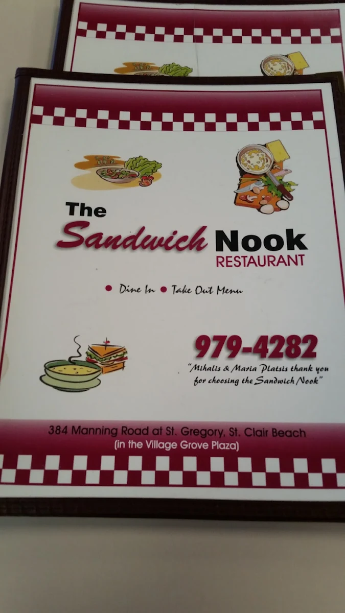 Menu, The Sandwich Nook Restaurant
