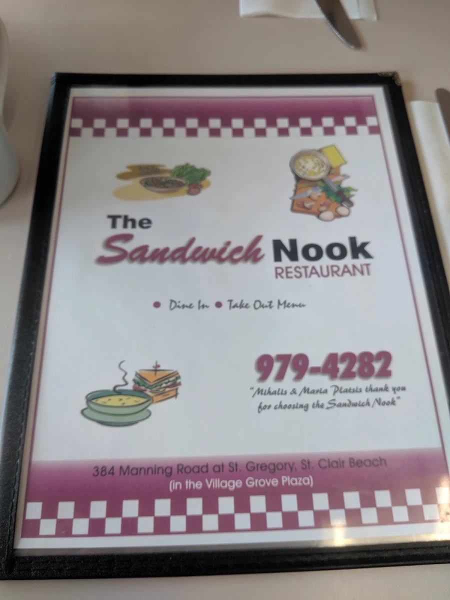 Menu, The Sandwich Nook Restaurant