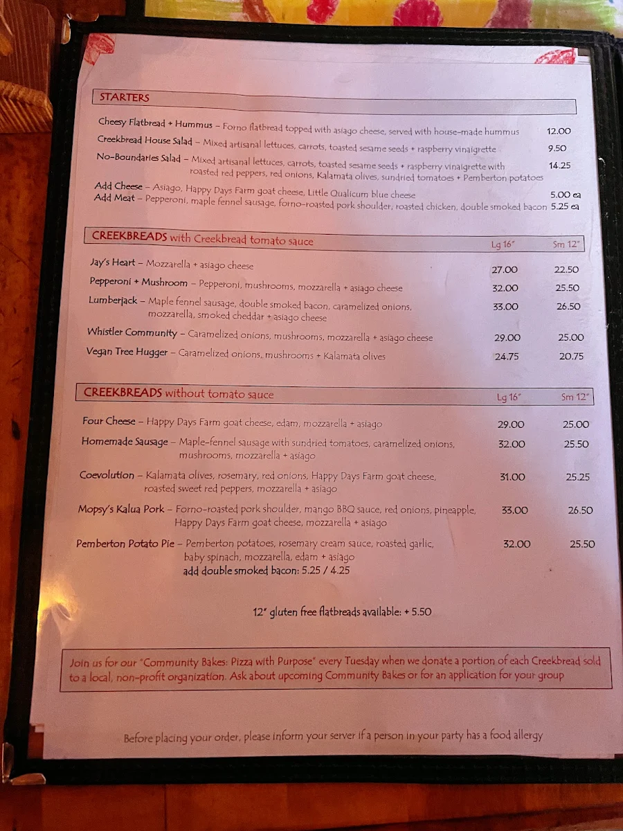 Menu, Creekbread