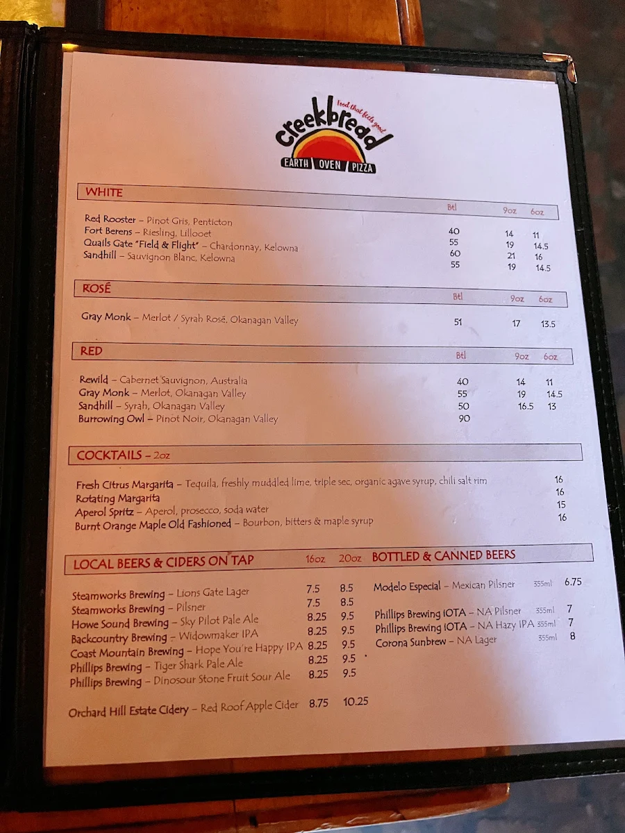 Menu, Creekbread
