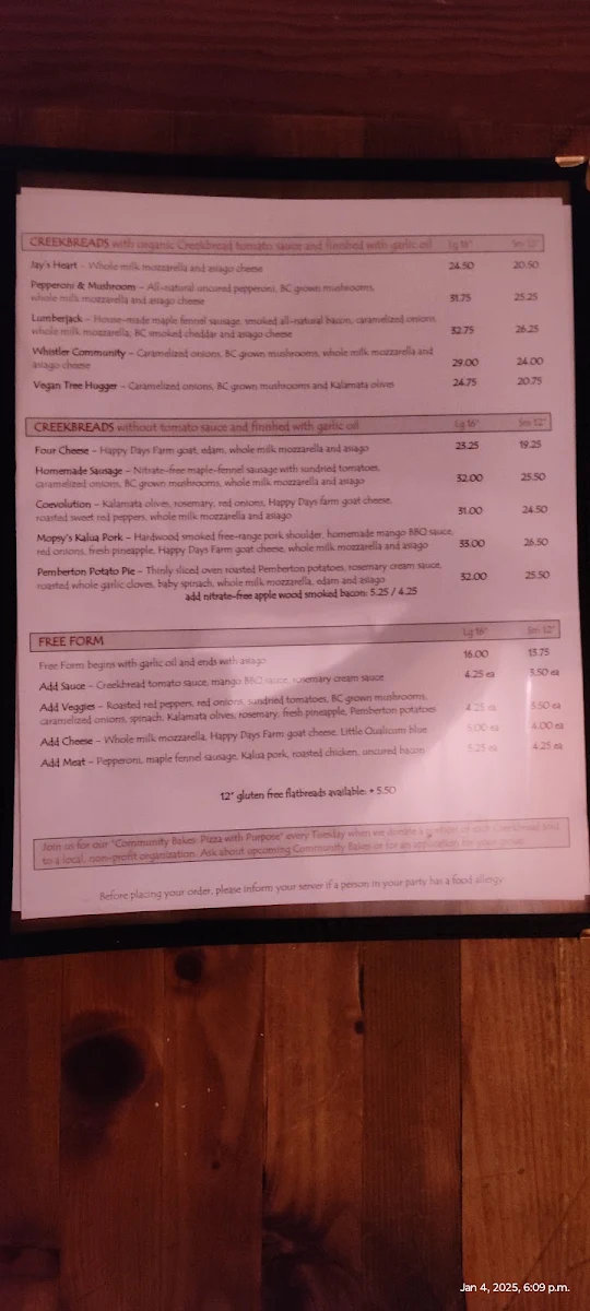 Menu, Creekbread