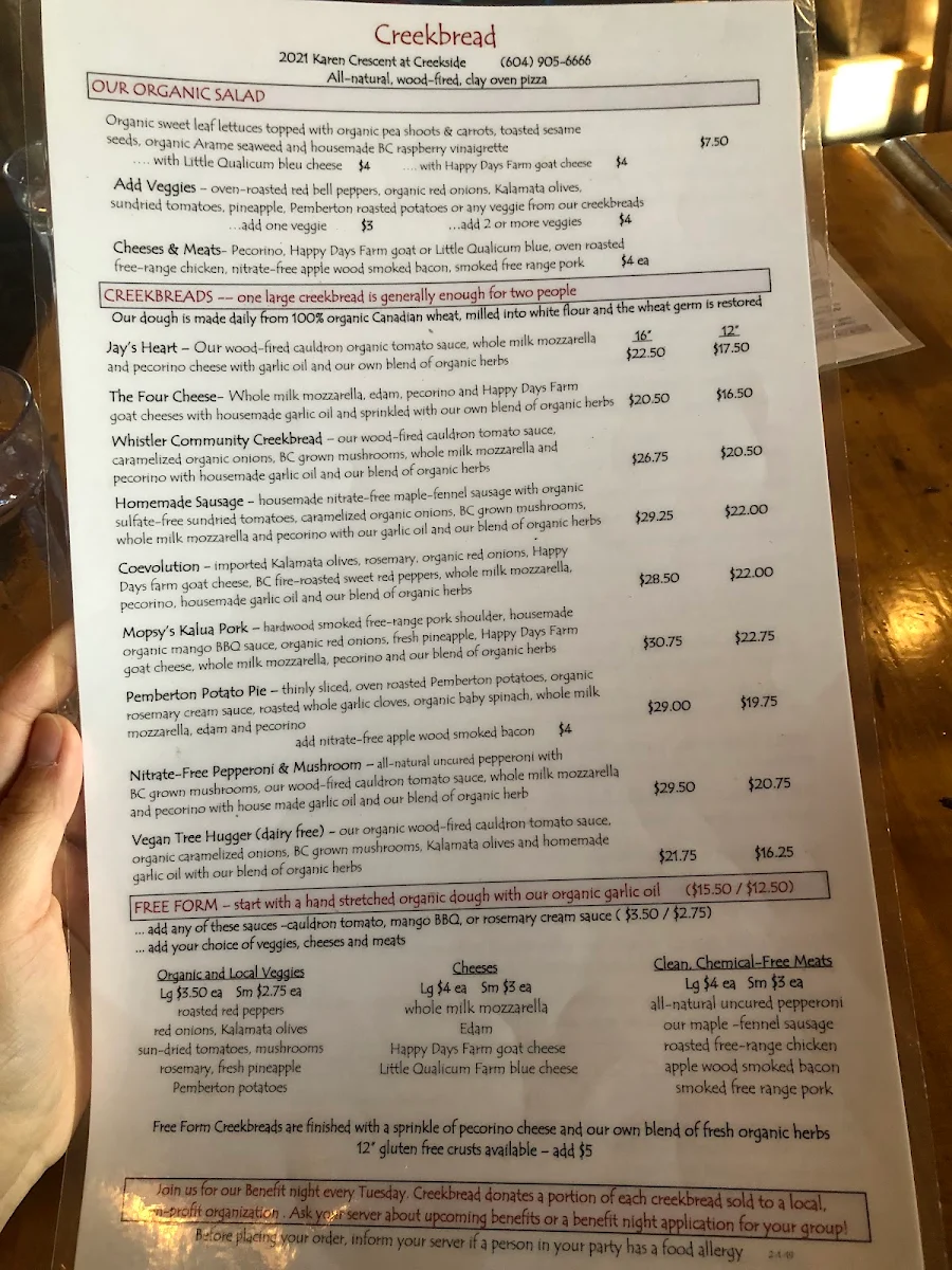 Menu, Creekbread