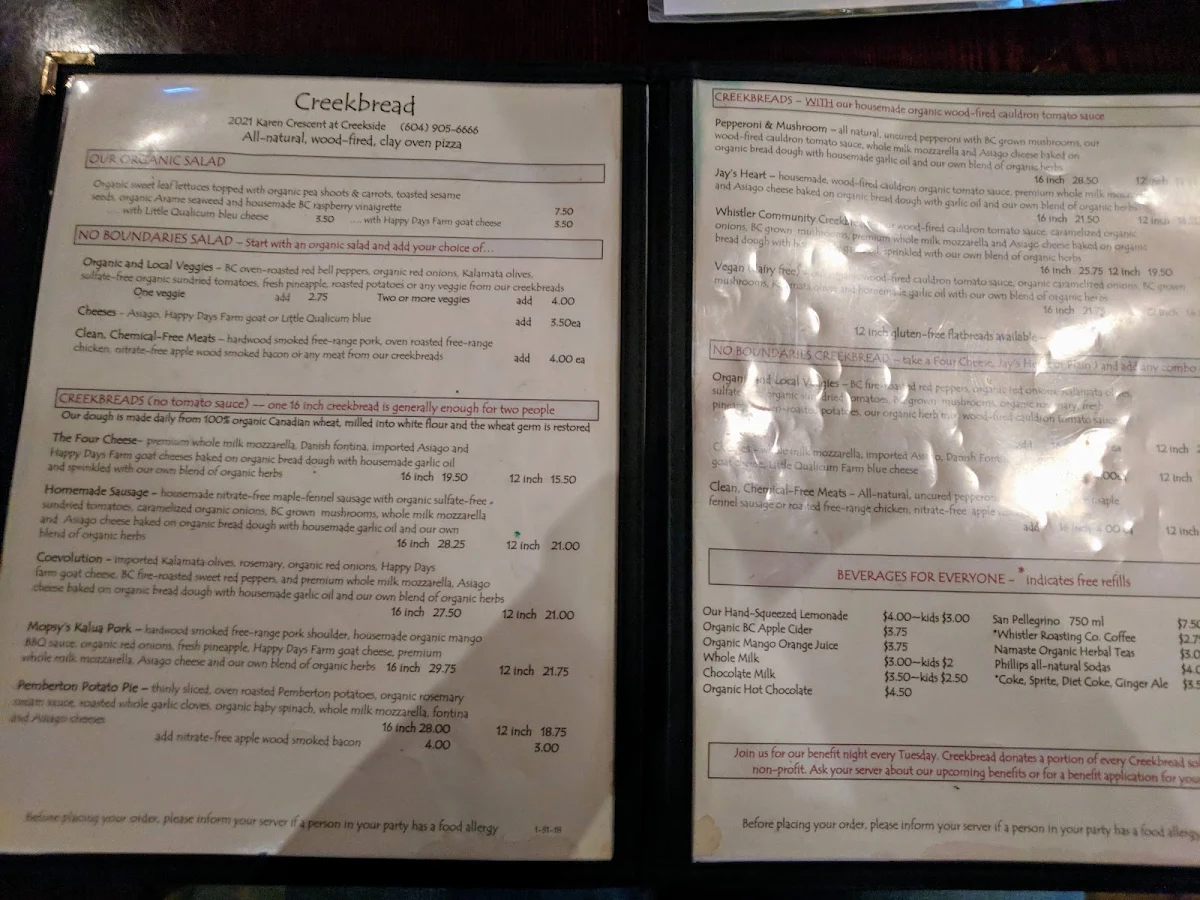 Menu, Creekbread