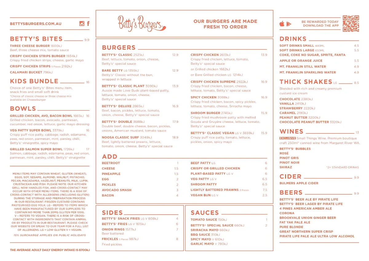 Menu, Betty's Burgers