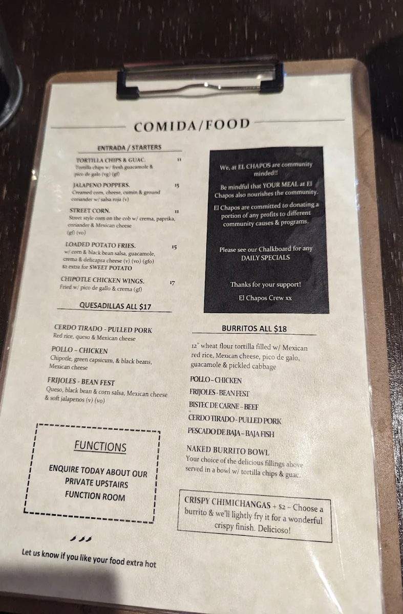 Menu, El Chapos Taqueria