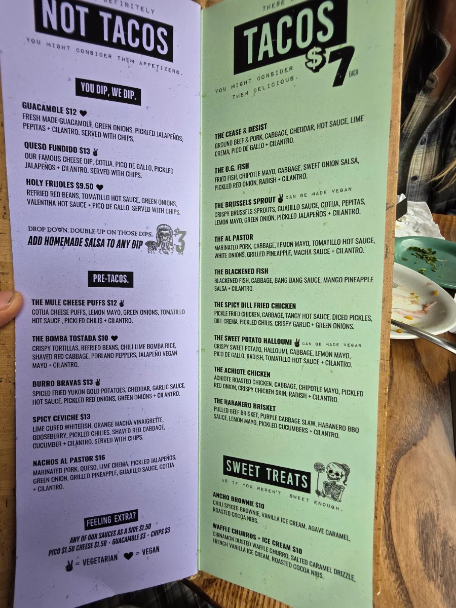 Menu, The Mule Burlington (Formerly Burro)