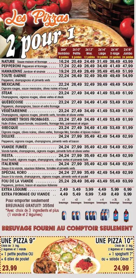 Menu, Restaurant Koro Pizza