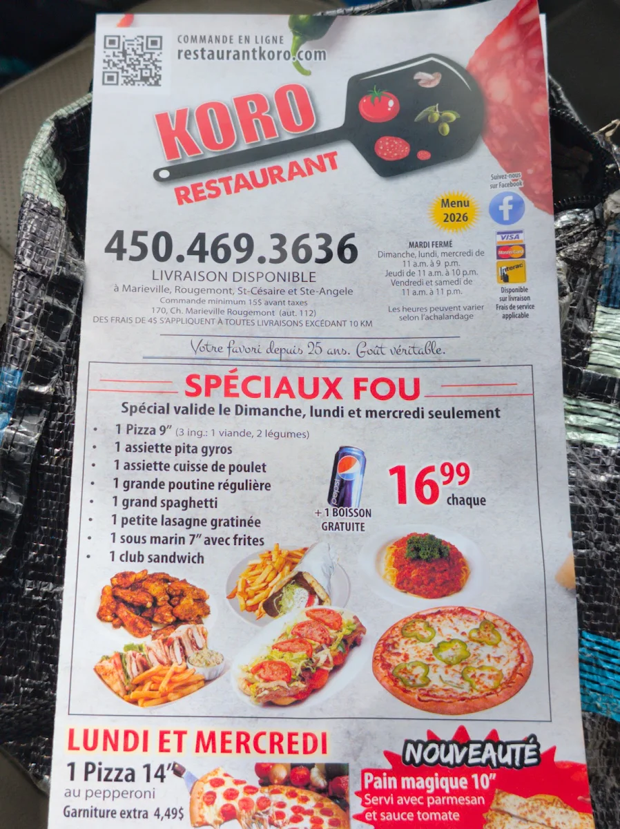 Menu, Restaurant Koro Pizza