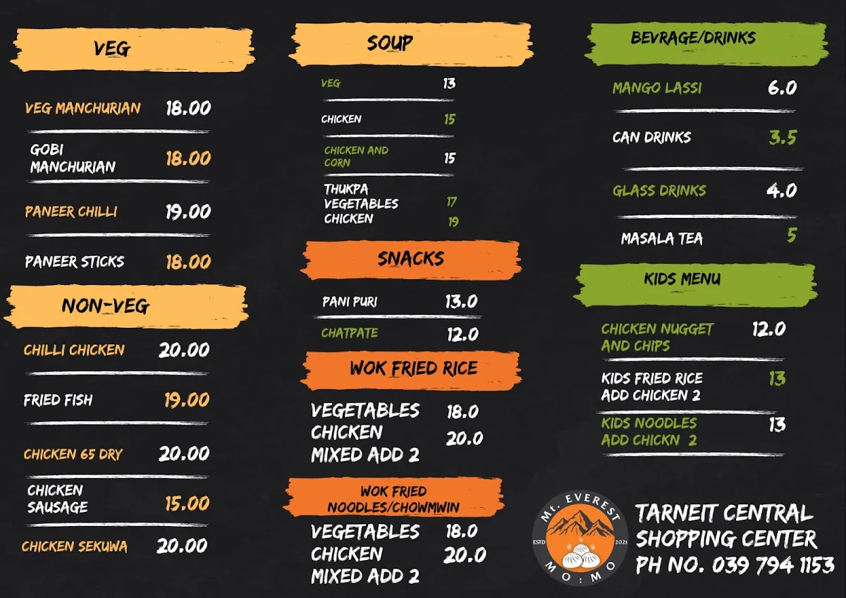 Menu, Mt Everest Mo:mo , Tarneit