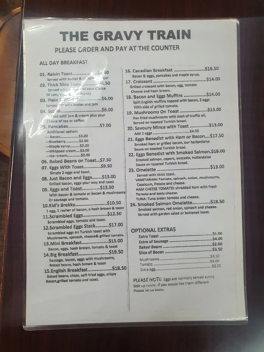 Menu, The Gravy Train Cafe