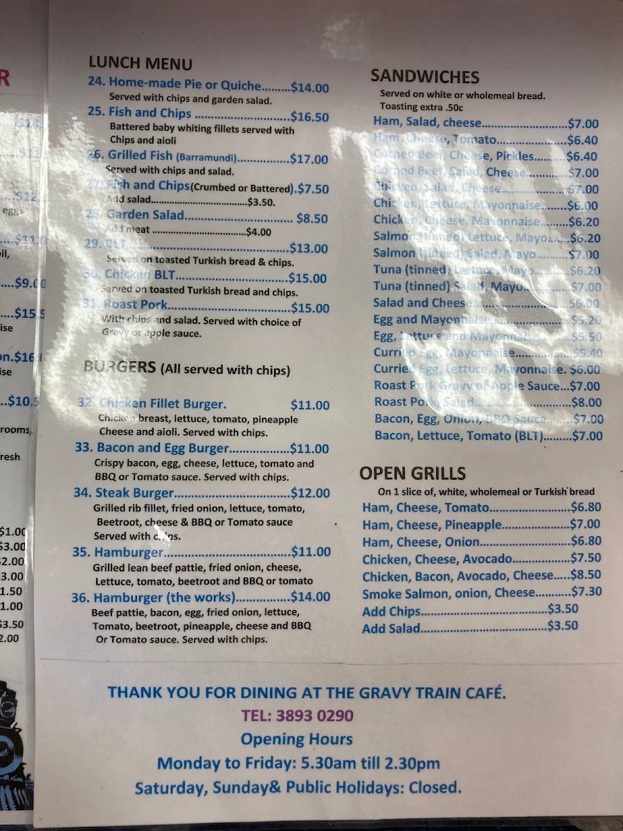 Menu, The Gravy Train Cafe