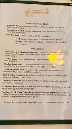 Menu, Ravenshoe Hotel Bar and Restaurant