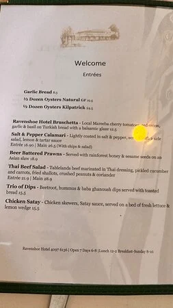 Menu, Ravenshoe Hotel Bar and Restaurant