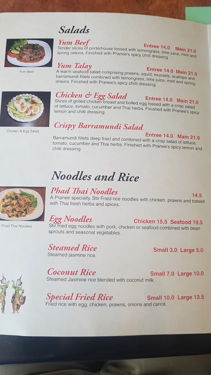 Menu, Pranee Thai Restaurant